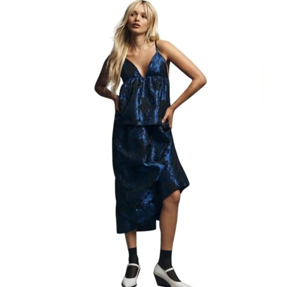 NWT Anthropologie Black Blue Metallic Brocade Long Dress XXS